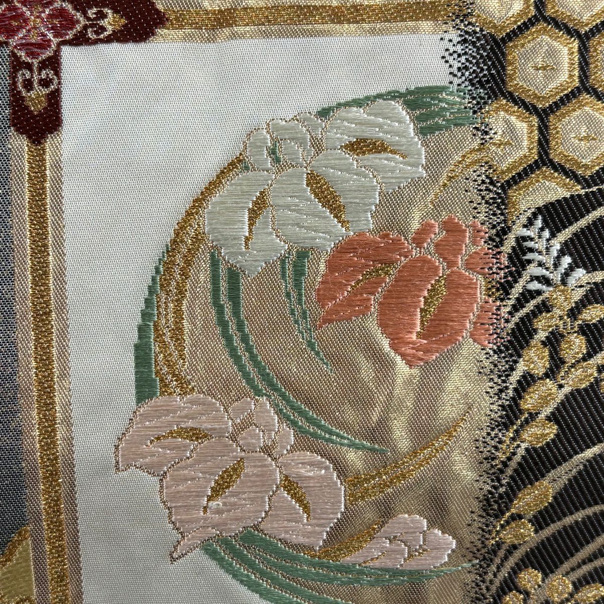 袋帶 秀品級 關西仕立 花丸紋 波 金絲 金金箔 奶油 六通 純蠶絲