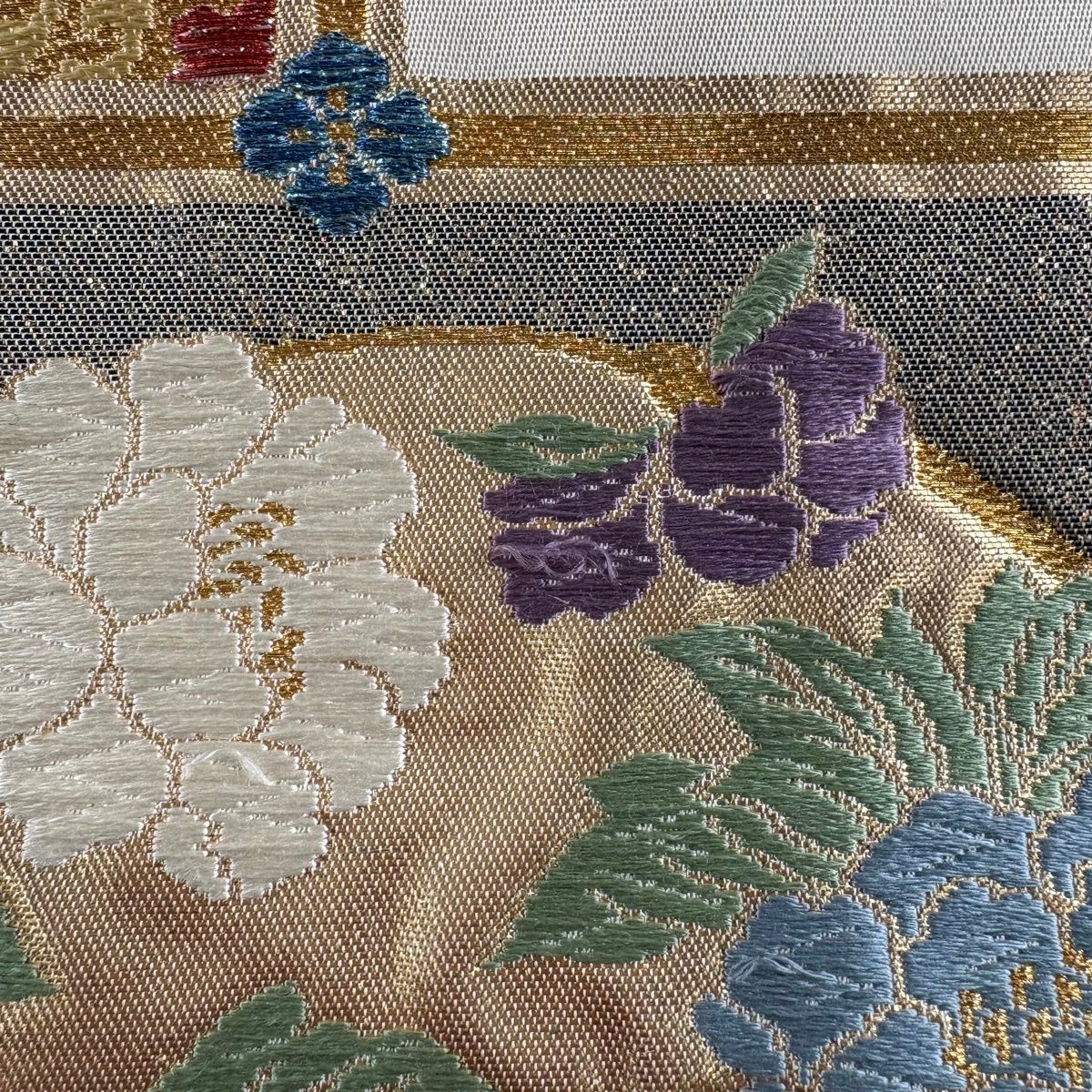 袋帶 秀品級 關西仕立 花丸紋 波 金絲 金金箔 奶油 六通 純蠶絲