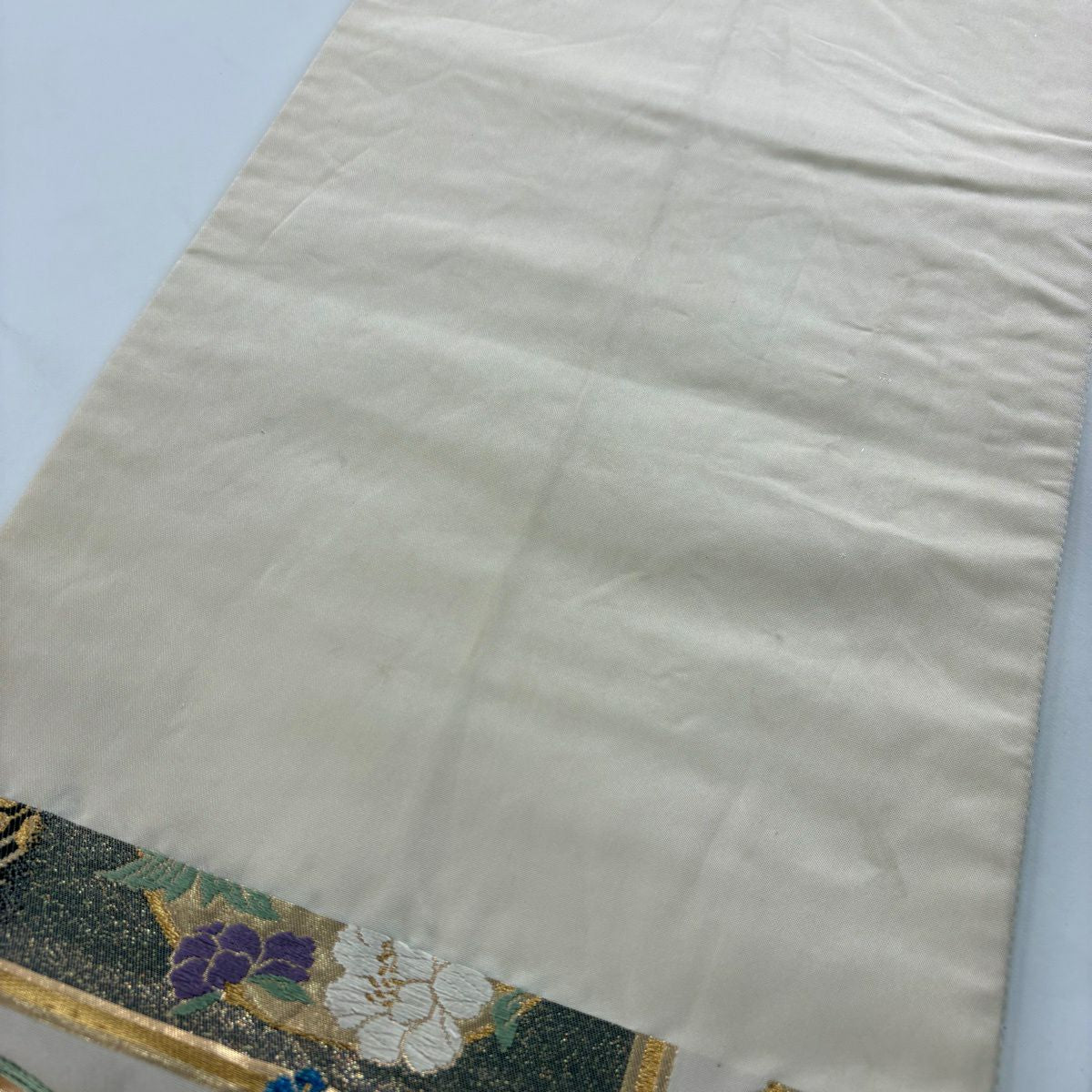 袋帶 秀品級 關西仕立 花丸紋 波 金絲 金金箔 奶油 六通 純蠶絲
