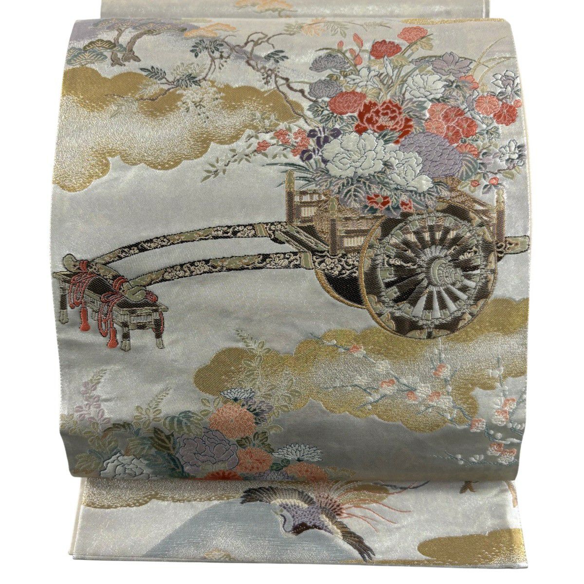 【美品】 袋帶 秀品級 關西仕立 宮廷花車 金絲 金金箔 銀色 大鼓圖案 純蠶絲
