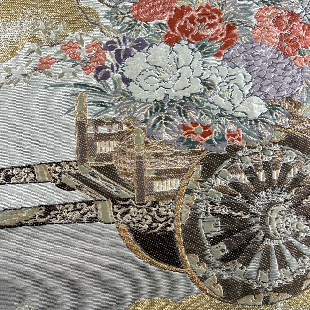 【美品】 袋帶 秀品級 關西仕立 宮廷花車 金絲 金金箔 銀色 大鼓圖案 純蠶絲