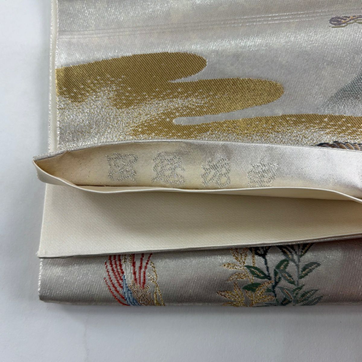 【美品】 袋帶 秀品級 關西仕立 宮廷花車 金絲 金金箔 銀色 大鼓圖案 純蠶絲