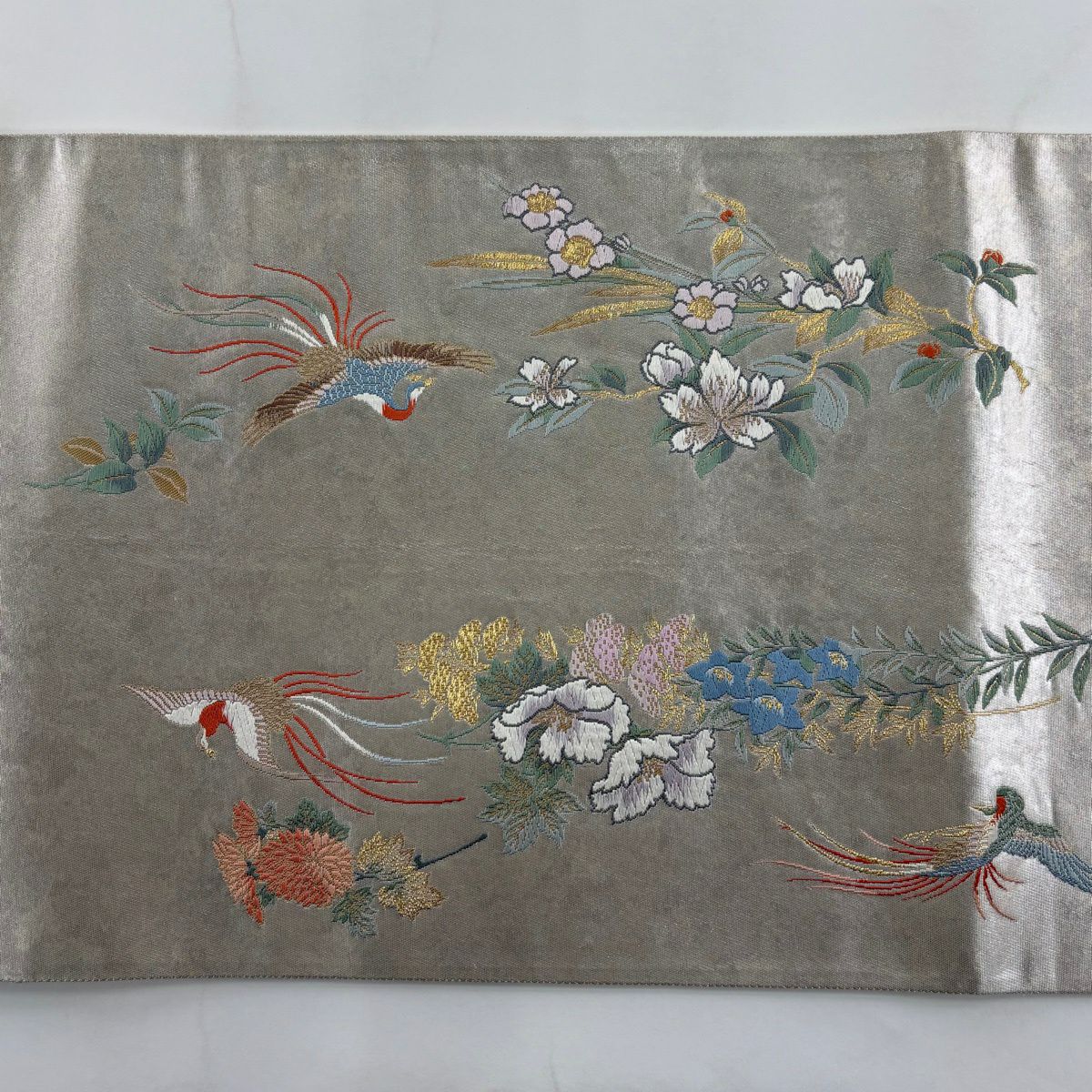 【美品】 袋帶 秀品級 關西仕立 宮廷花車 金絲 金金箔 銀色 大鼓圖案 純蠶絲