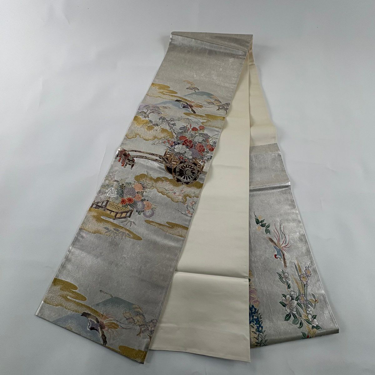 【美品】 袋帶 秀品級 關西仕立 宮廷花車 金絲 金金箔 銀色 大鼓圖案 純蠶絲