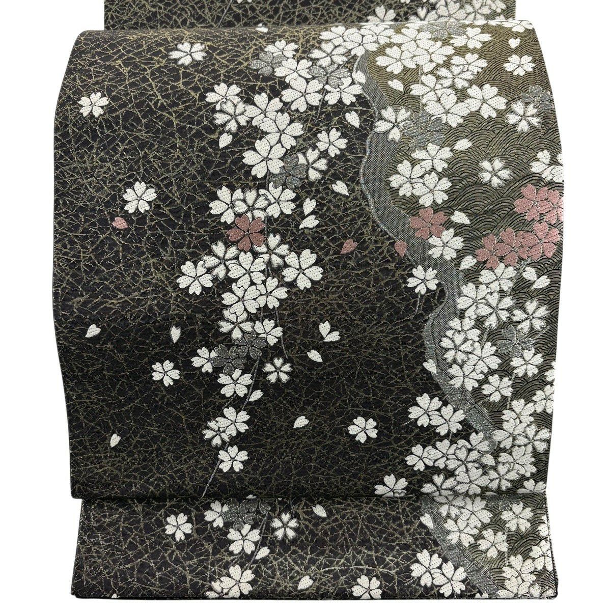 【美品】 袋帶 秀品級櫻花波銀線金金箔墨色六通純蠶絲