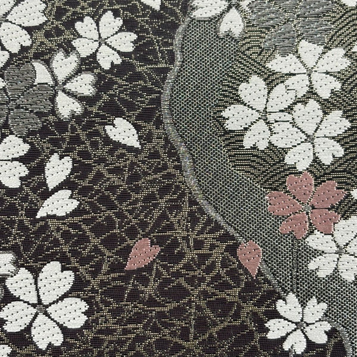 【美品】 袋帶 秀品級櫻花波銀線金金箔墨色六通純蠶絲