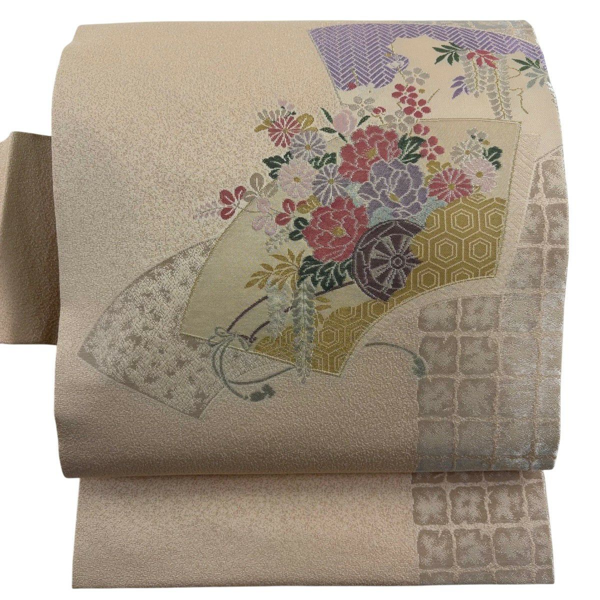 【美品】 名古屋帶 秀品級 扇子面 花車 金銀彩 金金箔 淺橙色 純蠶絲