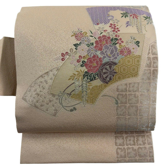 【美品】 名古屋帶 秀品級 扇子面 花車 金銀彩 金金箔 淺橙色 純蠶絲