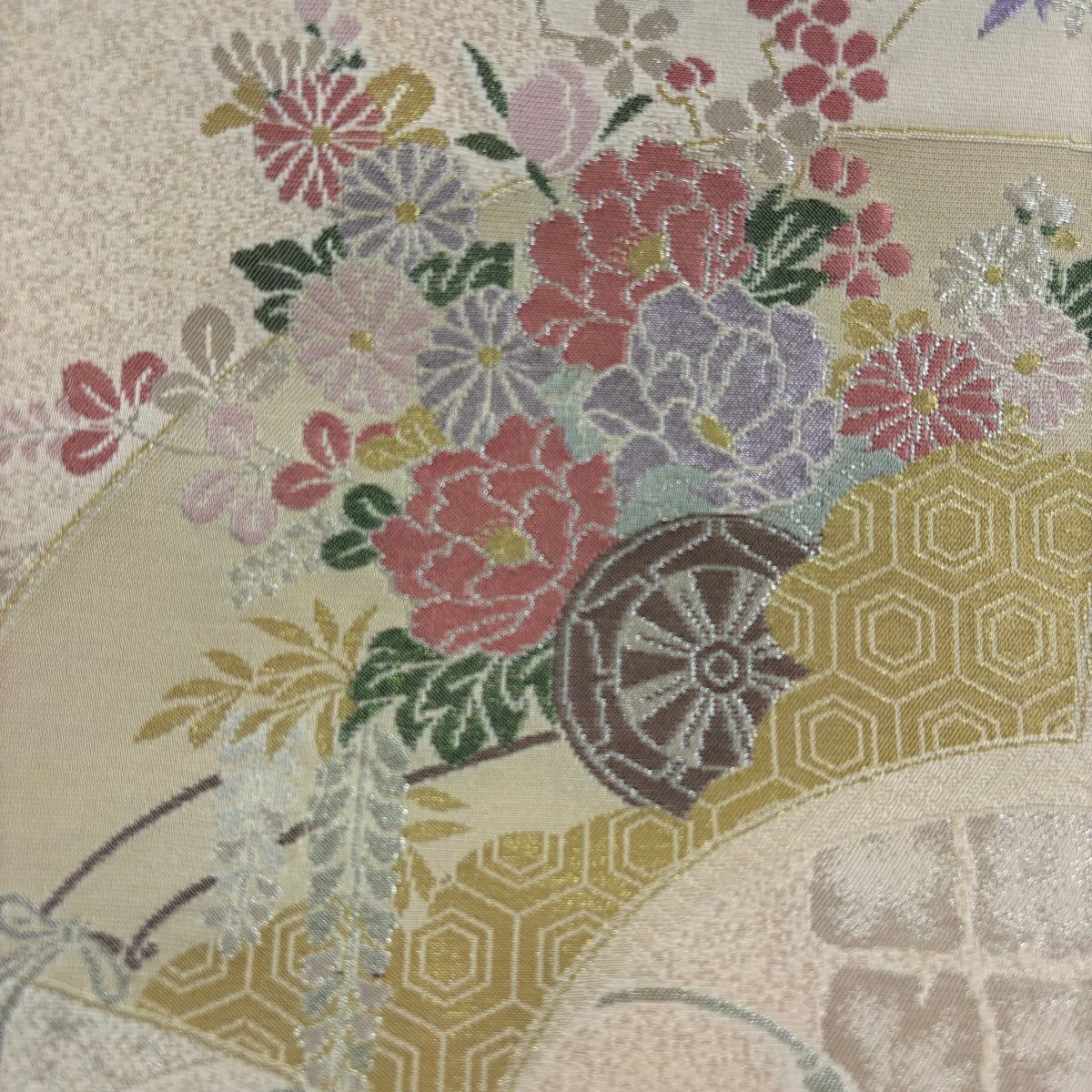 【美品】 名古屋帶 秀品級 扇子面 花車 金銀彩 金金箔 淺橙色 純蠶絲