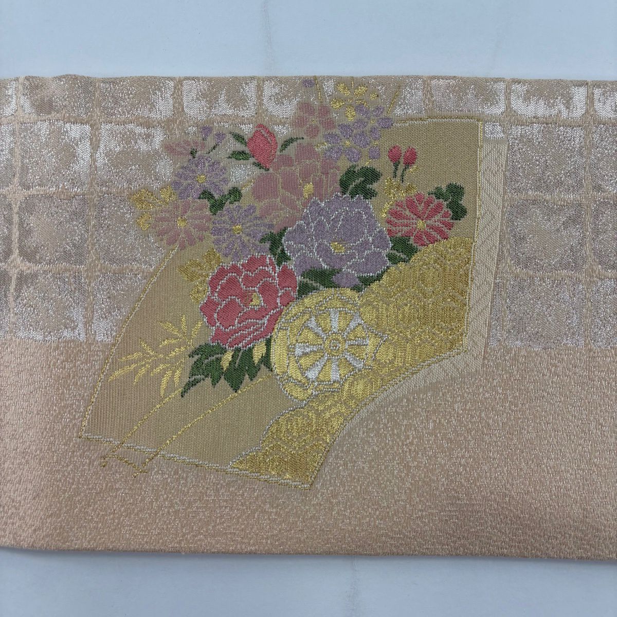 【美品】 名古屋帶 秀品級 扇子面 花車 金銀彩 金金箔 淺橙色 純蠶絲
