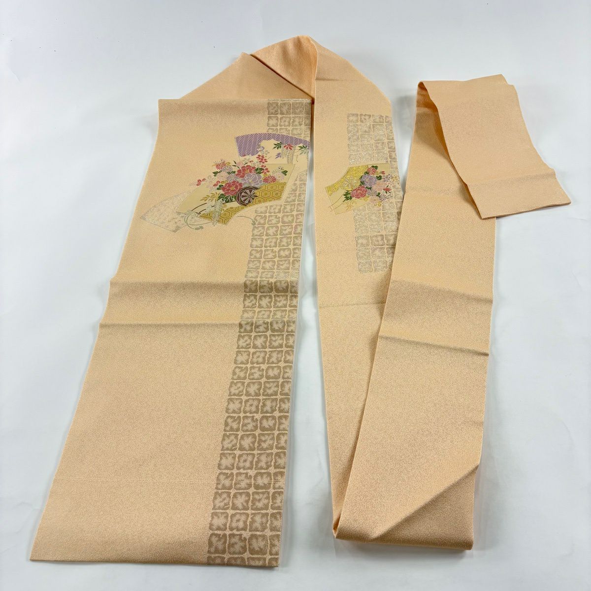 【美品】 名古屋帶 秀品級 扇子面 花車 金銀彩 金金箔 淺橙色 純蠶絲
