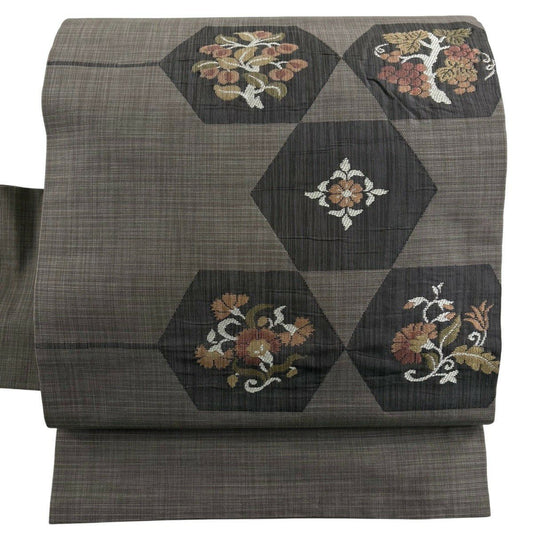 【美品】 名古屋帶 秀品級 草花紋紋 葡萄 灰茶 純蠶絲