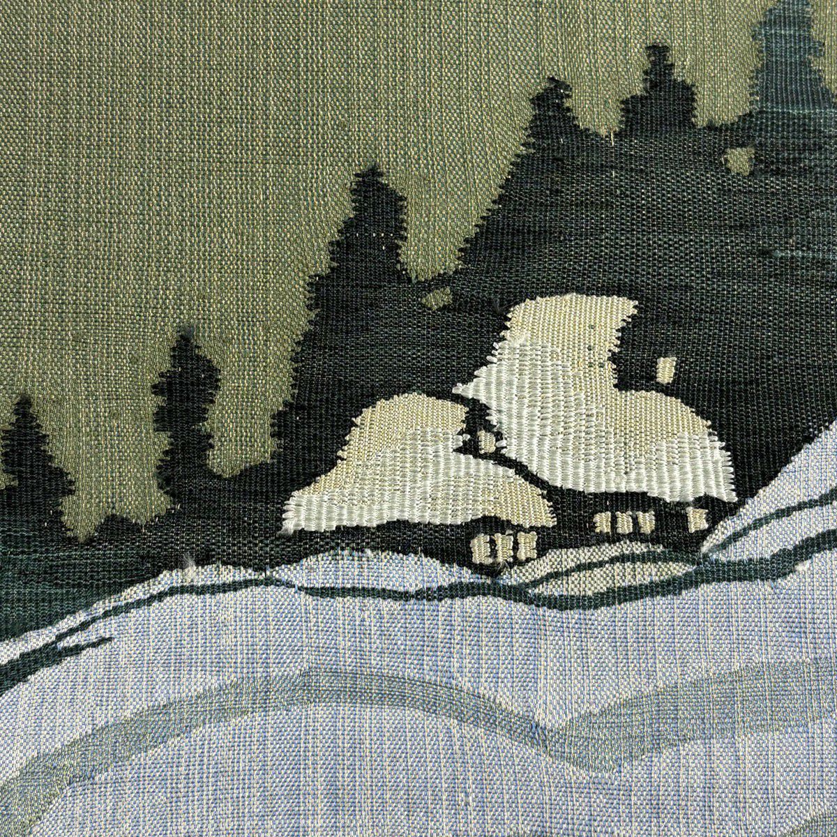 【美品】 袋帶 秀品級 風景 家屋 金通 灰綠 お太鼓圖案 純蠶絲