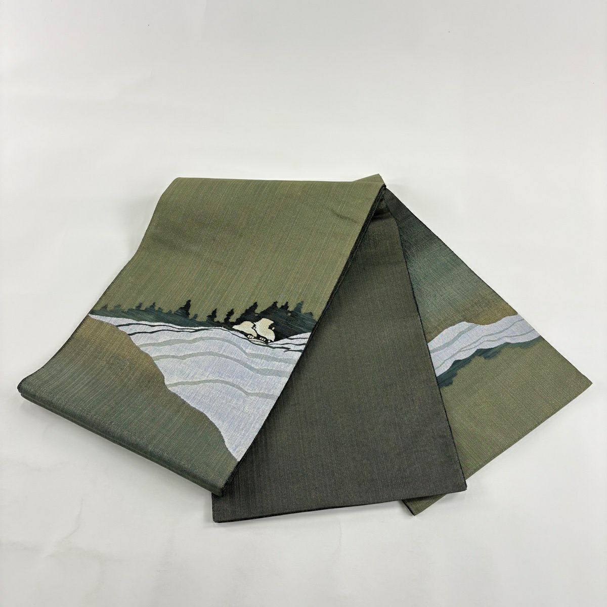 【美品】 袋帶 秀品級 風景 家屋 金通 灰綠 お太鼓圖案 純蠶絲