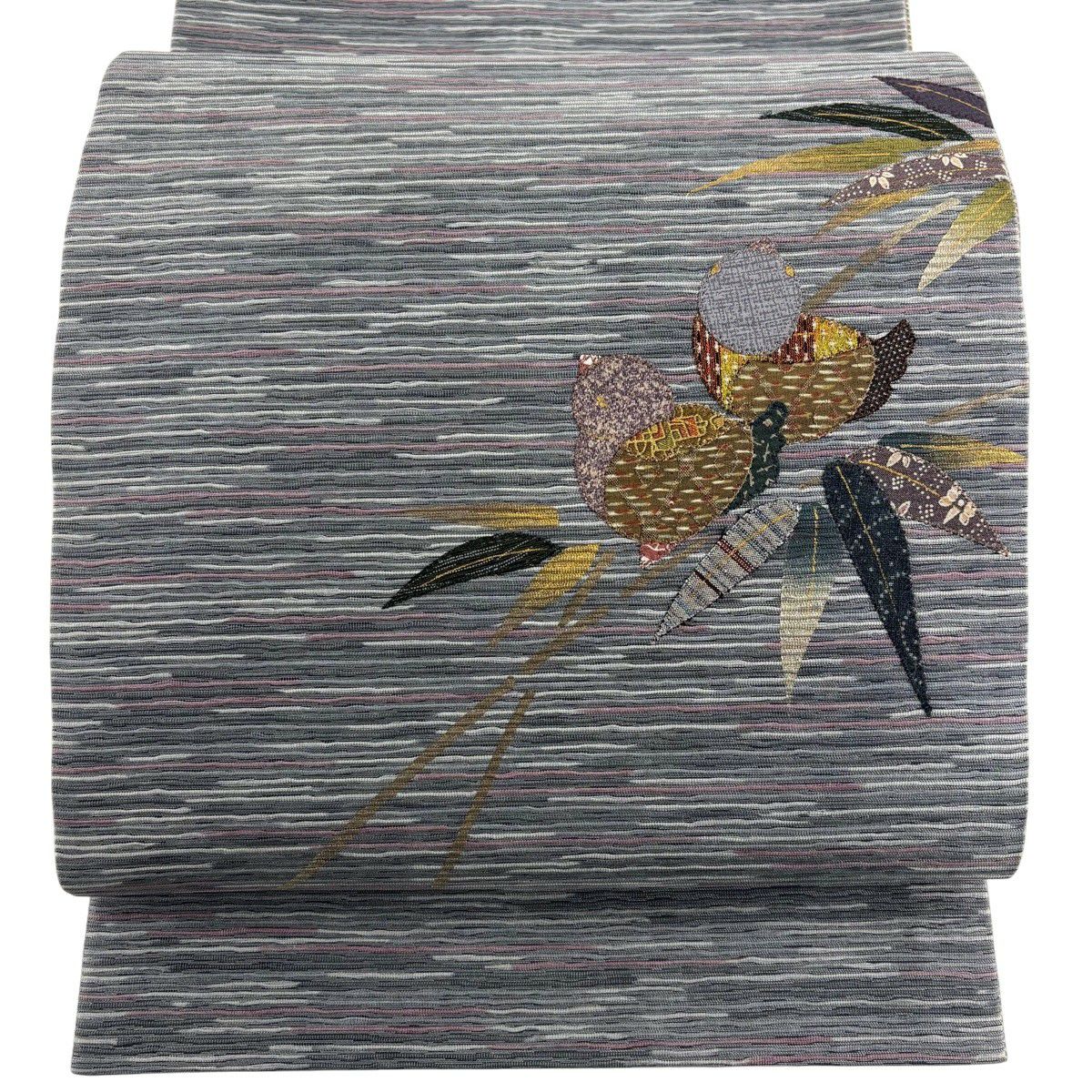 【美品】 袋帶 秀品級 鳥 笹 金銀彩 灰 深藍色 お太鼓柄 純蠶絲