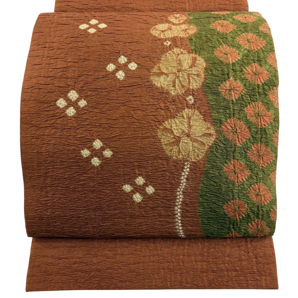 【美品】 袋帶 秀品級 草花紋幾何圖案 絞染 銀通 茶 お太鼓圖案 純蠶絲