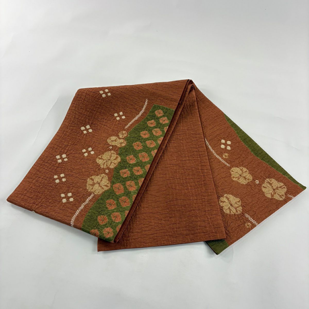 【美品】 袋帶 秀品級 草花紋幾何圖案 絞染 銀通 茶 お太鼓圖案 純蠶絲