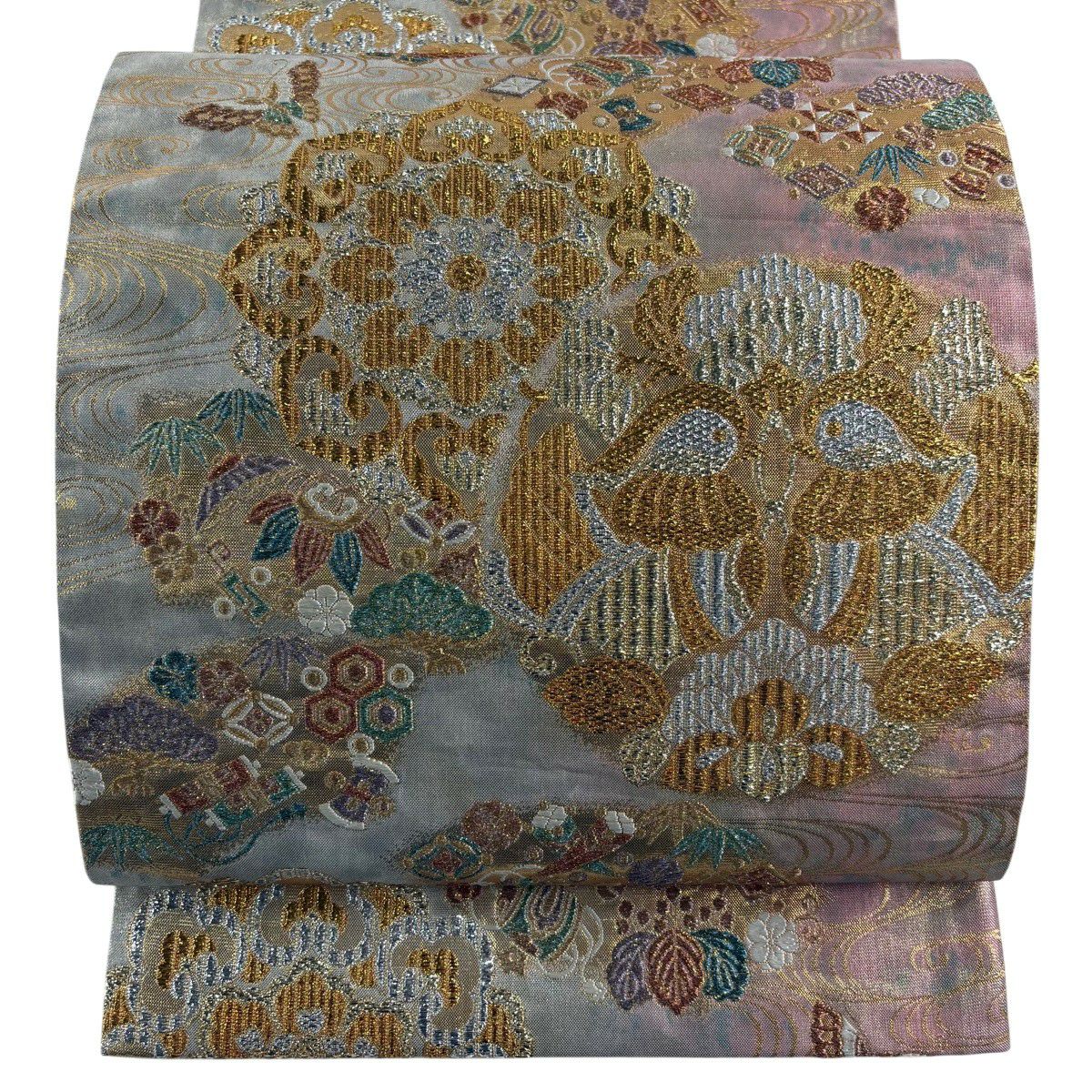【美品】 袋帶 秀品級 華紋 向鳥 金絲 金金箔 粉米色 六通 純蠶絲