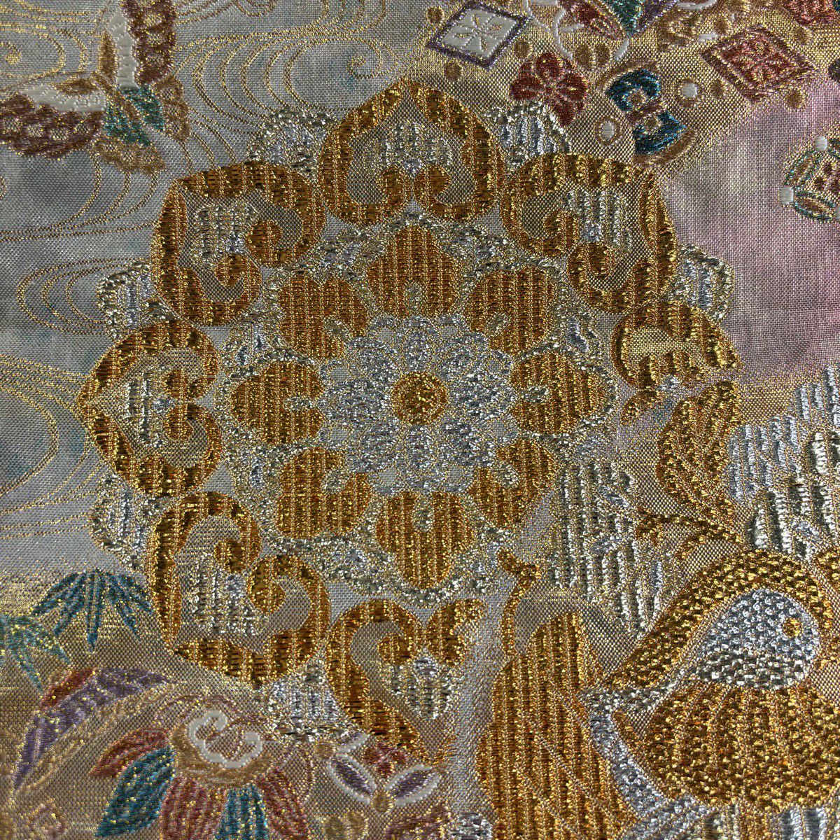 【美品】 袋帶 秀品級 華紋 向鳥 金絲 金金箔 粉米色 六通 純蠶絲