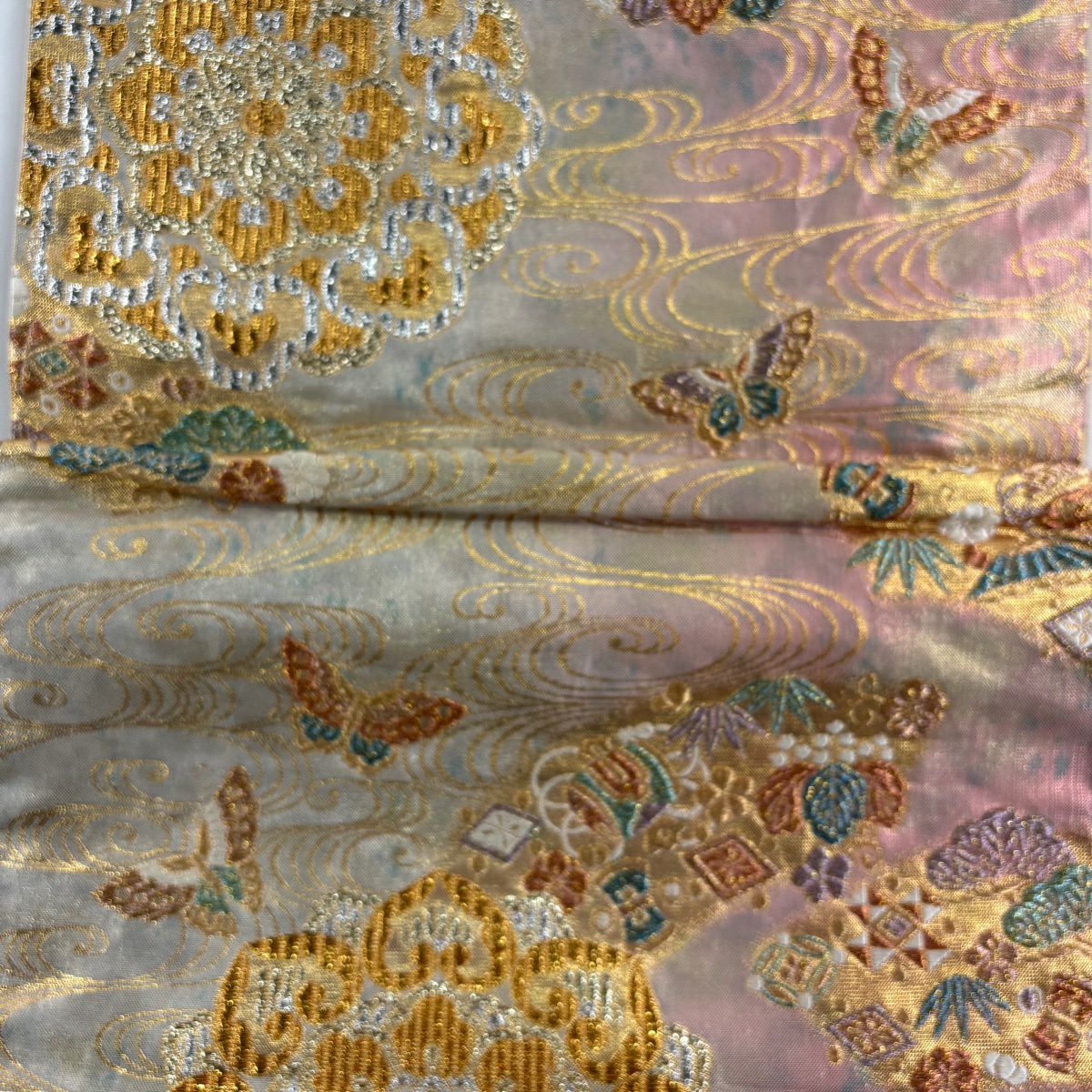 【美品】 袋帶 秀品級 華紋 向鳥 金絲 金金箔 粉米色 六通 純蠶絲