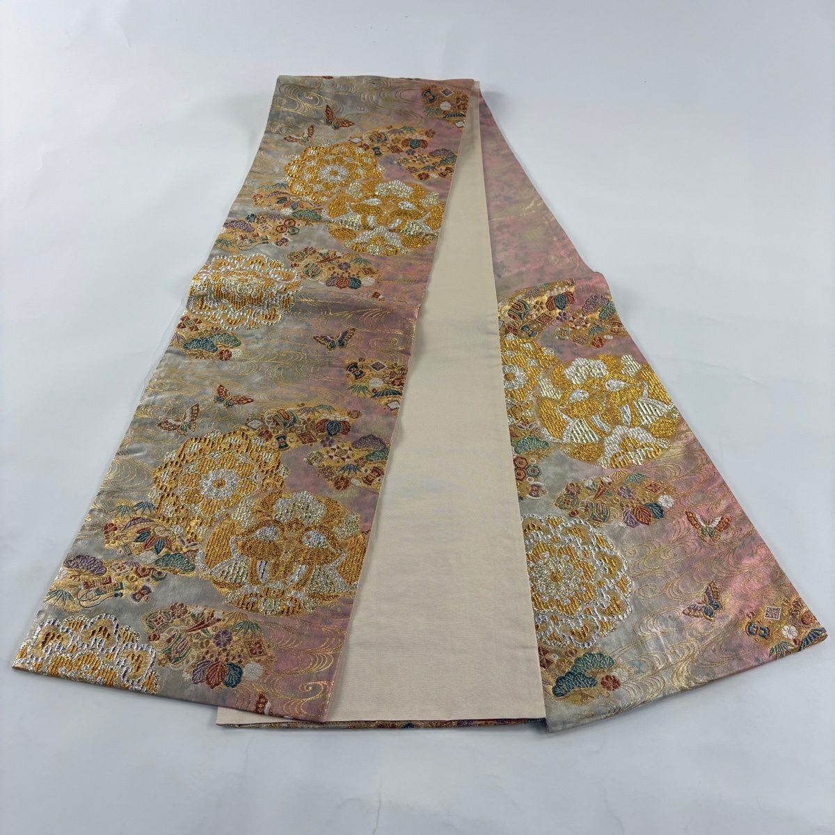 【美品】 袋帶 秀品級 華紋 向鳥 金絲 金金箔 粉米色 六通 純蠶絲