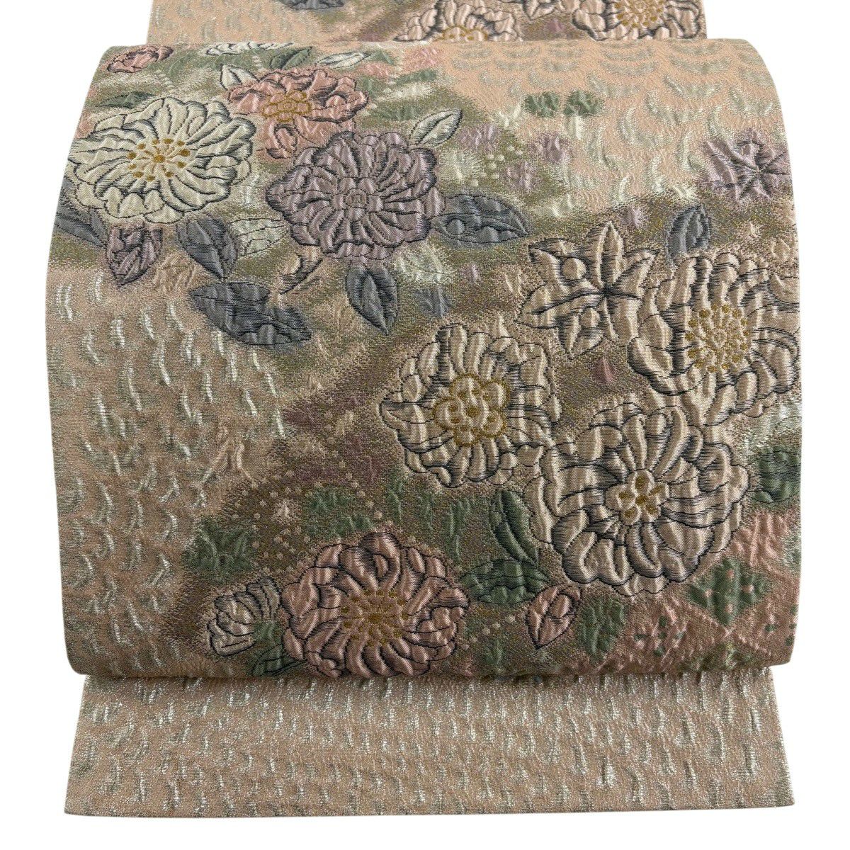【美品】 袋帶 秀品級 辻花染圖案 金線 金金箔 粉米色 六通 純蠶絲