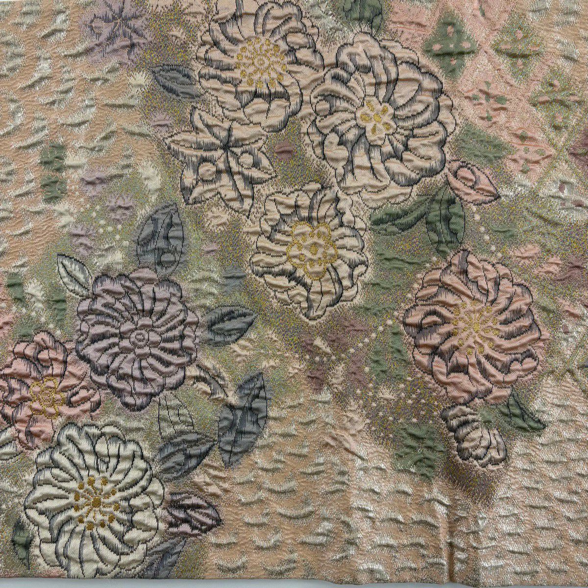【美品】 袋帶 秀品級 辻花染圖案 金線 金金箔 粉米色 六通 純蠶絲