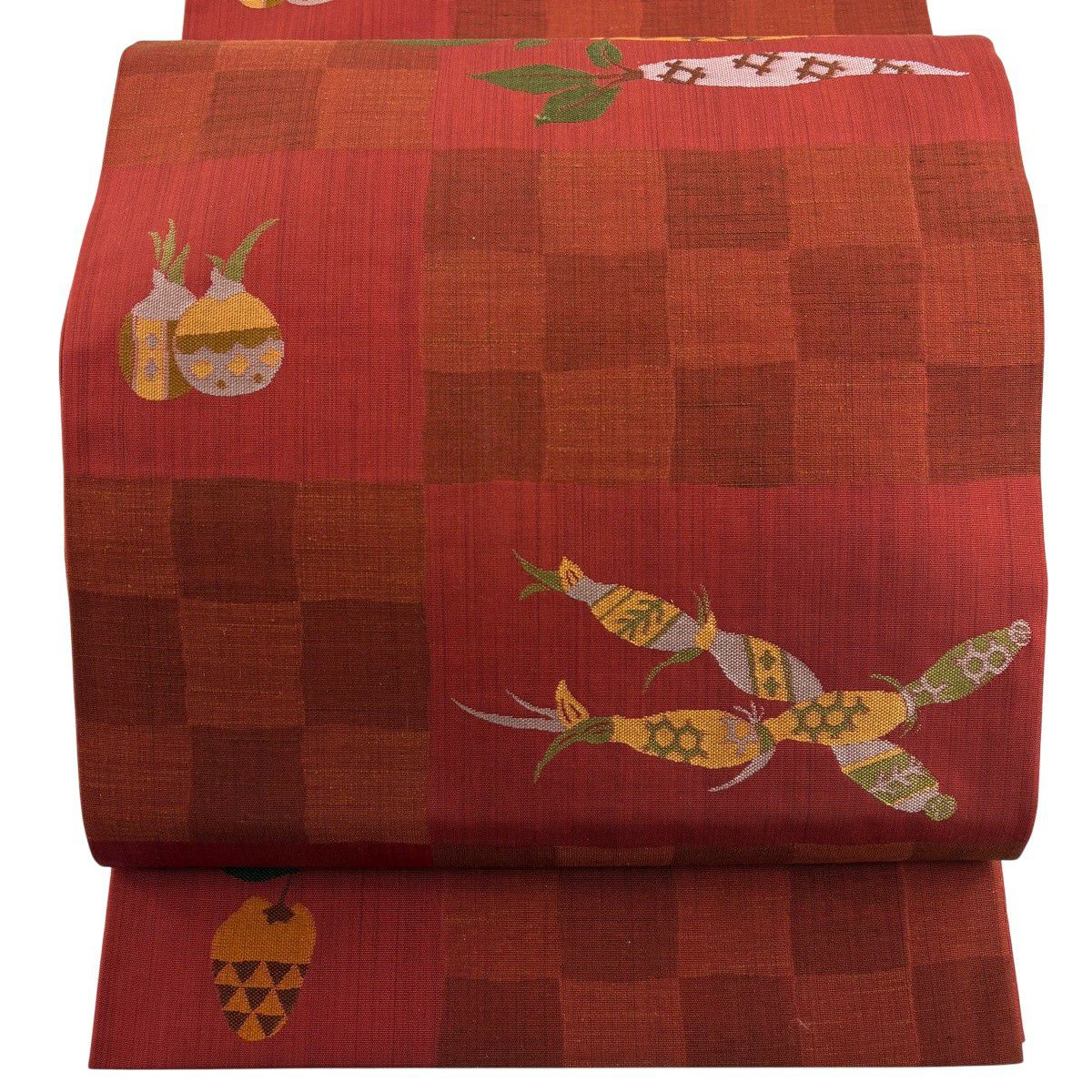 【美品】 袋帶 秀品級 生物 變化市松樹 茜 紅 六通 純蠶絲
