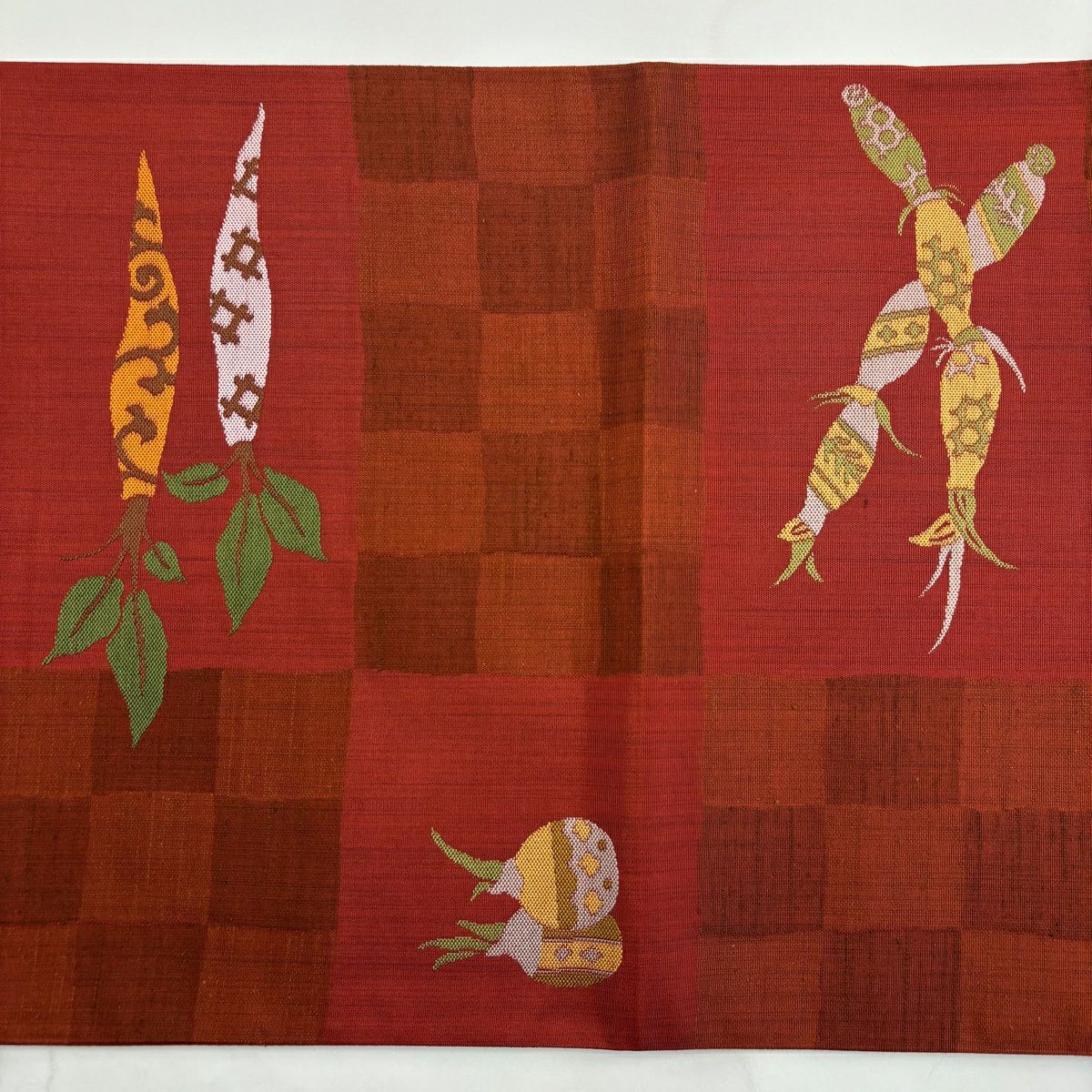 【美品】 袋帶 秀品級 生物 變化市松樹 茜 紅 六通 純蠶絲