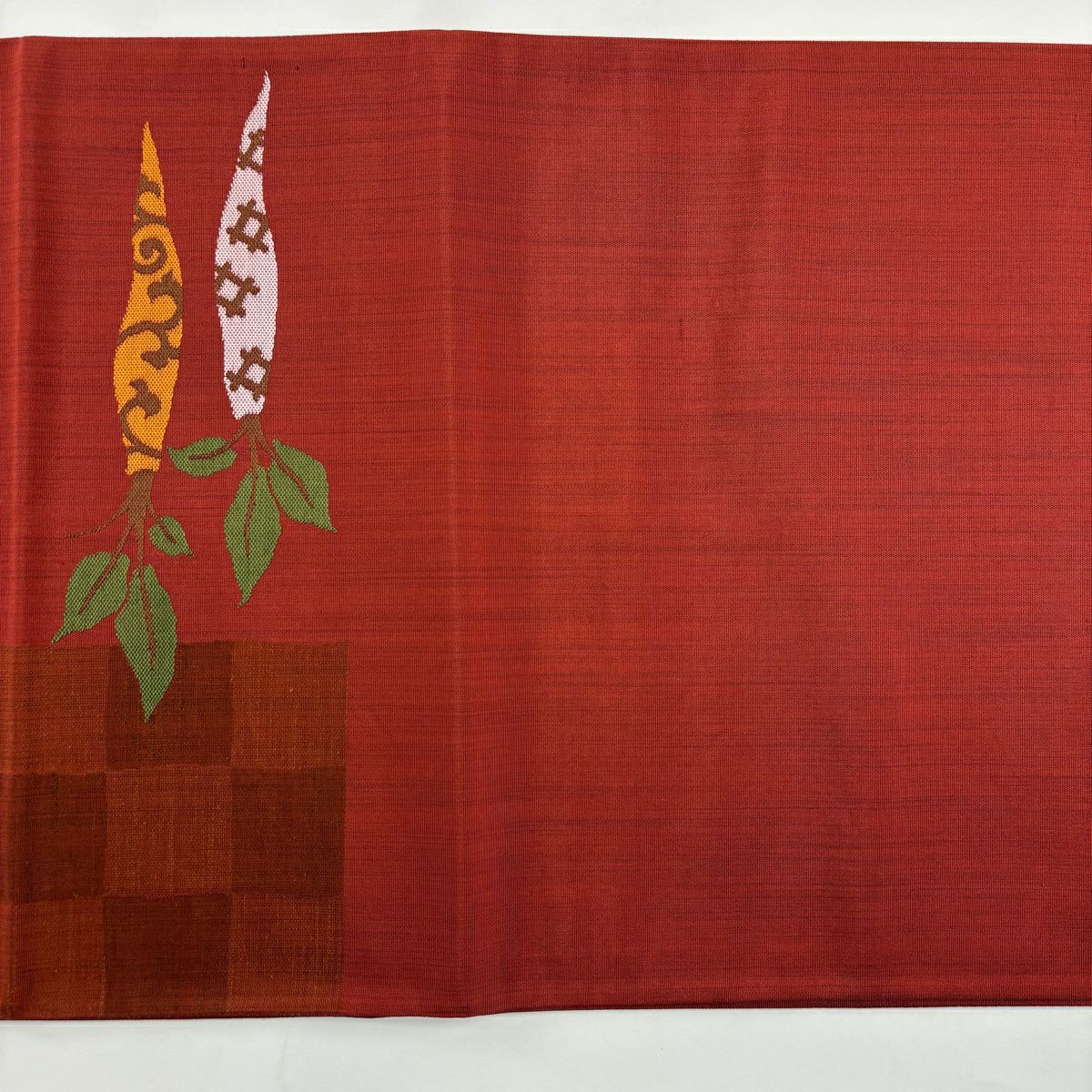 【美品】 袋帶 秀品級 生物 變化市松樹 茜 紅 六通 純蠶絲