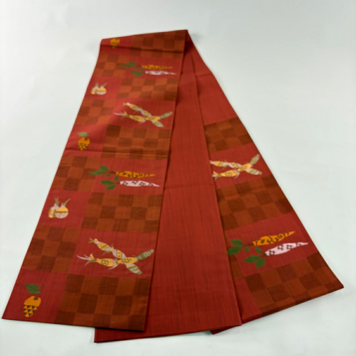 【美品】 袋帶 秀品級 生物 變化市松樹 茜 紅 六通 純蠶絲