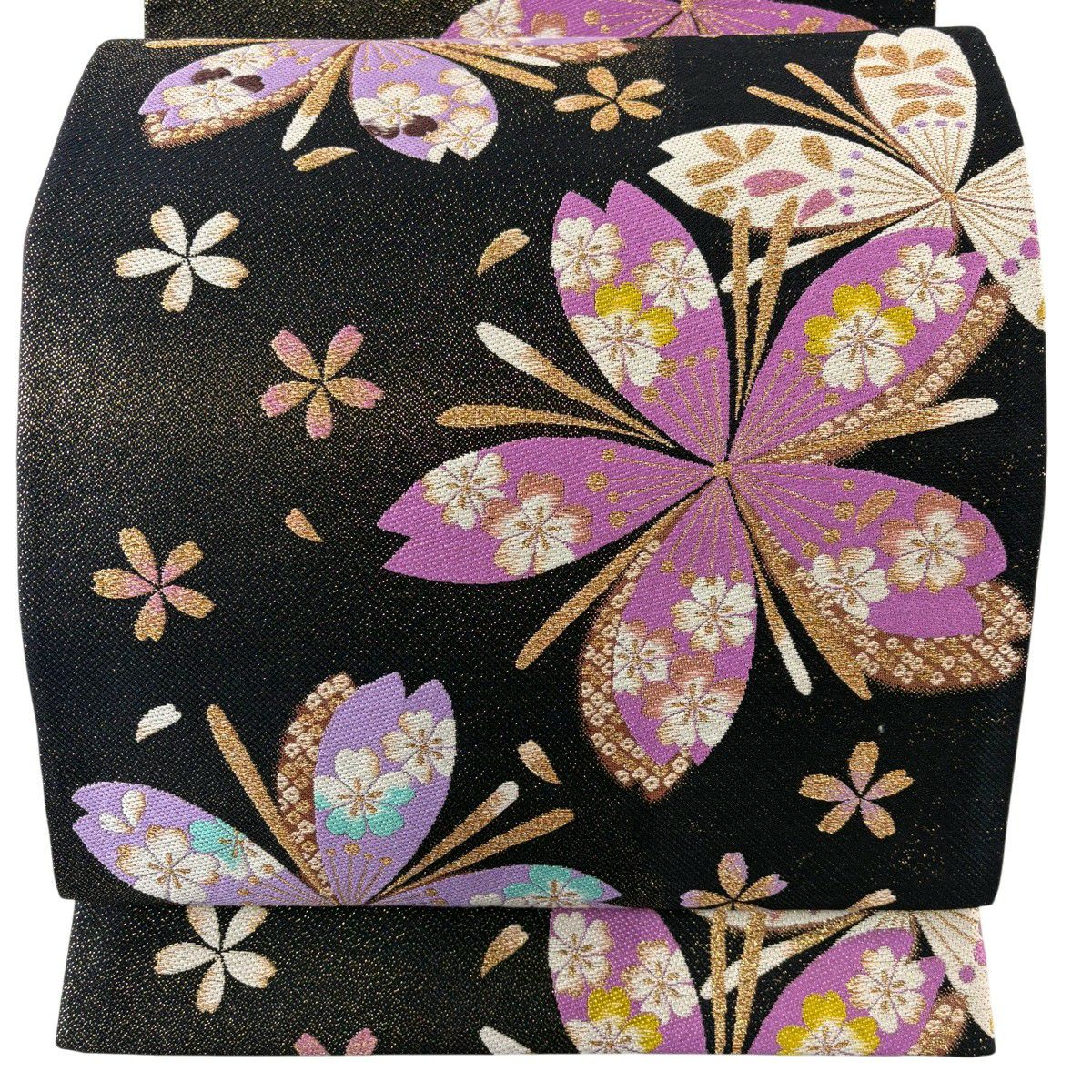【美品】 袋帶 秀品級 櫻花花瓣 金絲 金金箔 黑 六通 純蠶絲