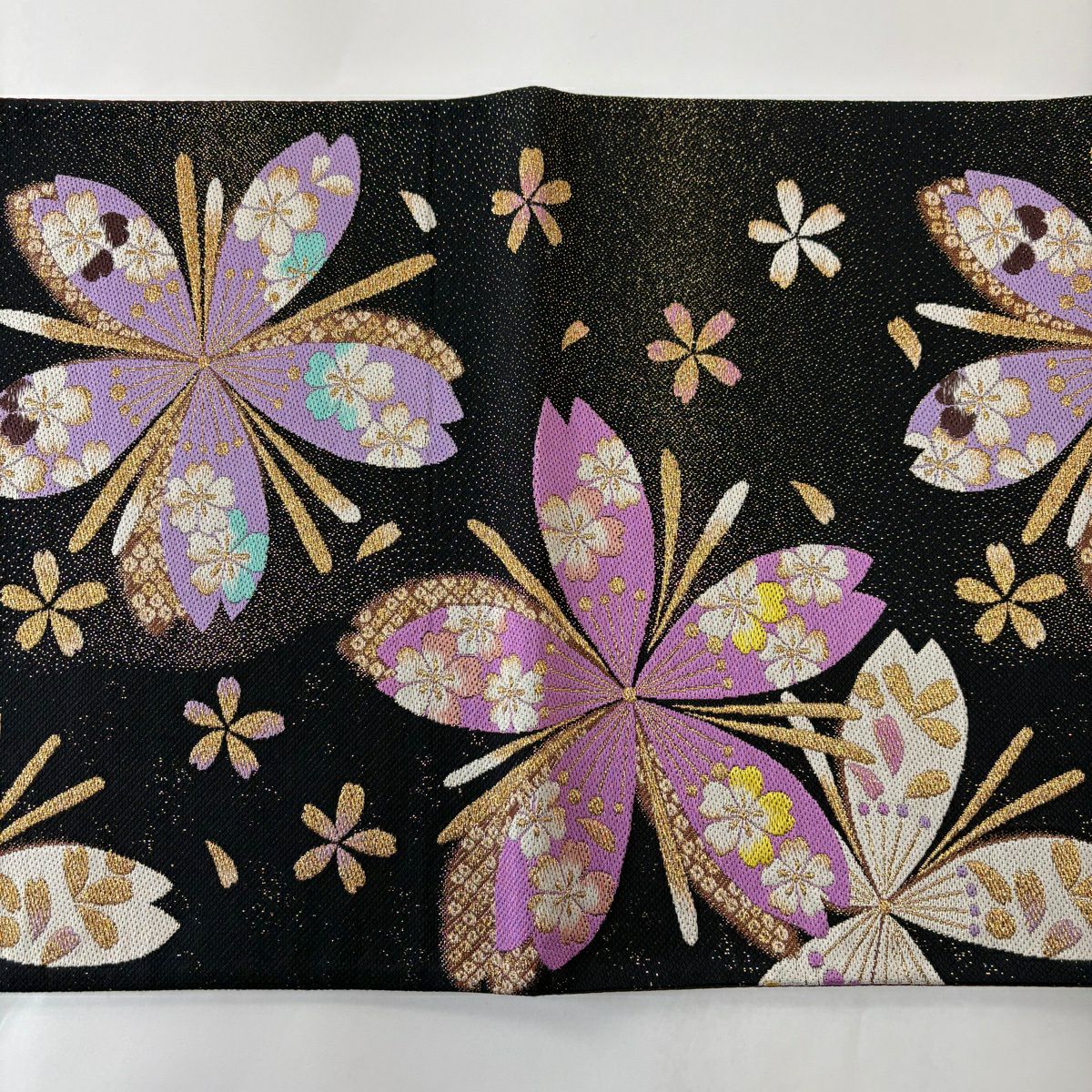【美品】 袋帶 秀品級 櫻花花瓣 金絲 金金箔 黑 六通 純蠶絲