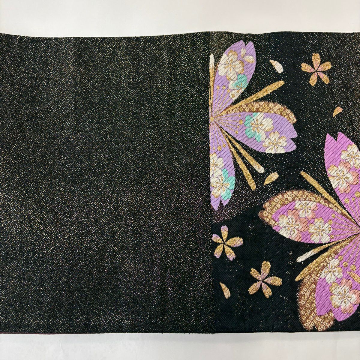 【美品】 袋帶 秀品級 櫻花花瓣 金絲 金金箔 黑 六通 純蠶絲