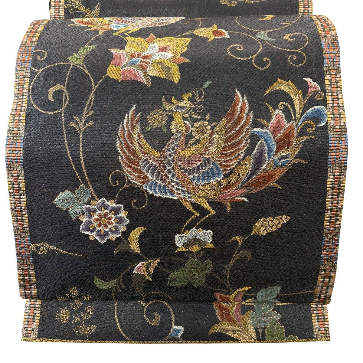 【美品】 袋帶 秀品級 關西仕立 雛鳳凰紋 花唐草紋 金絲 金金箔 焦茶 六通 純蠶絲