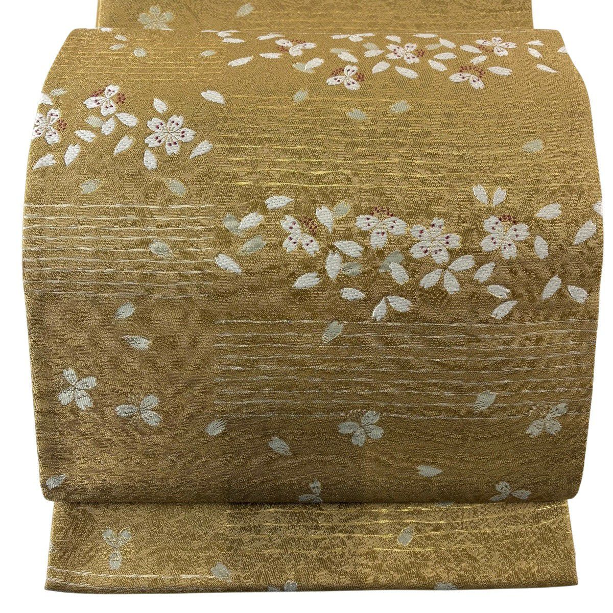 【美品】 袋帶 秀品級 樱花花瓣 金金箔 黃土色 六通 純蠶絲