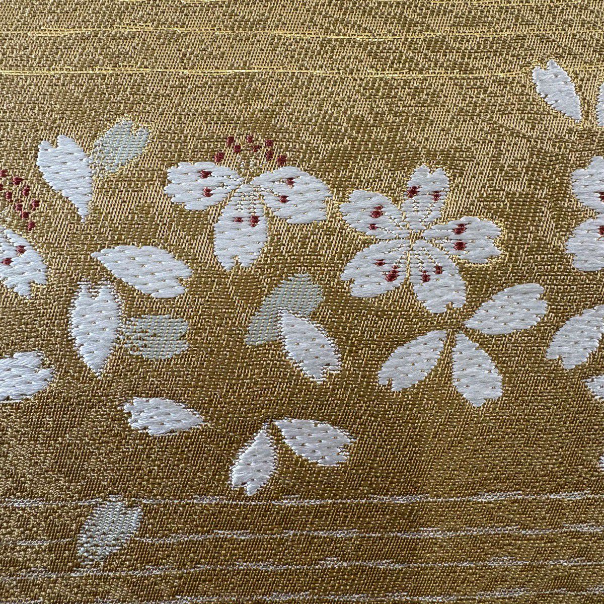 【美品】 袋帶 秀品級 樱花花瓣 金金箔 黃土色 六通 純蠶絲