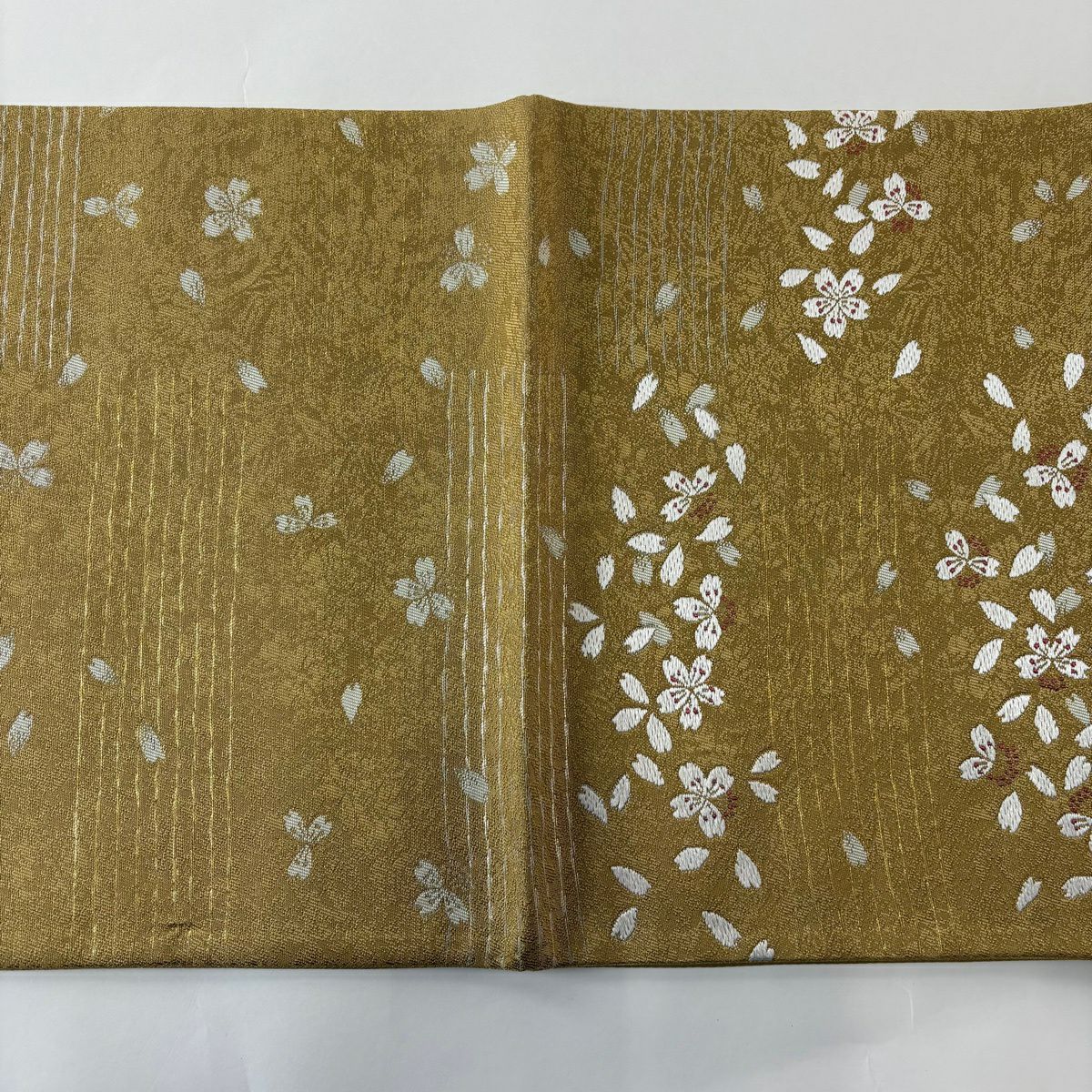 【美品】 袋帶 秀品級 樱花花瓣 金金箔 黃土色 六通 純蠶絲