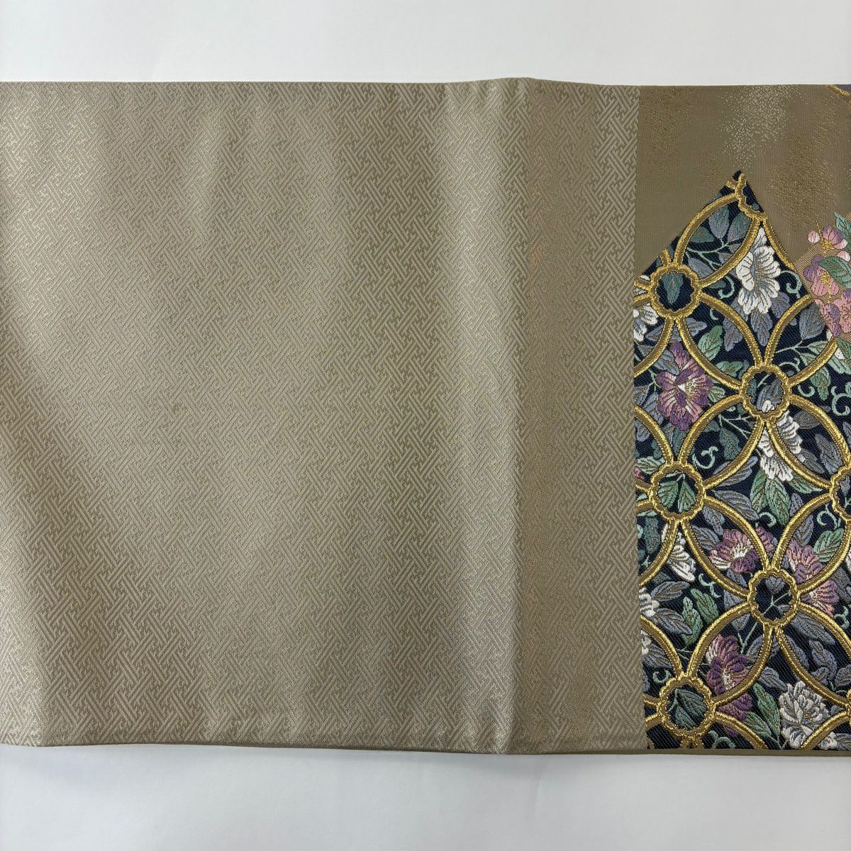 袋帶 秀品級 七寶 草花紋紋 金絲 金金箔 灰茶 六通 純蠶絲
