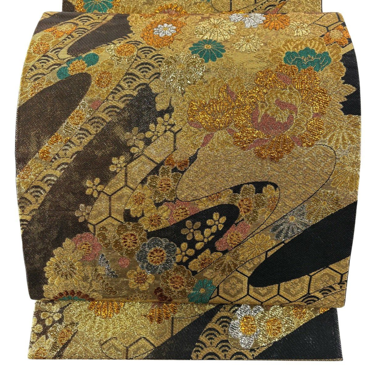 袋帶 秀品級 華之輝 花丸紋 霞 金絲 金金箔 茶 六通 純蠶絲