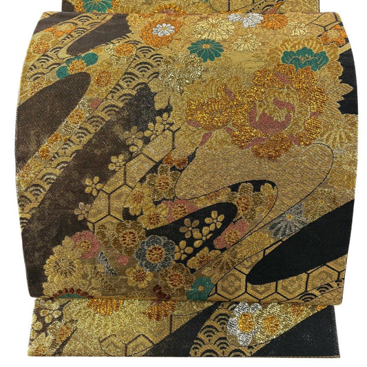 袋帶 秀品級 華之輝 花丸紋 霞 金絲 金金箔 茶 六通 純蠶絲