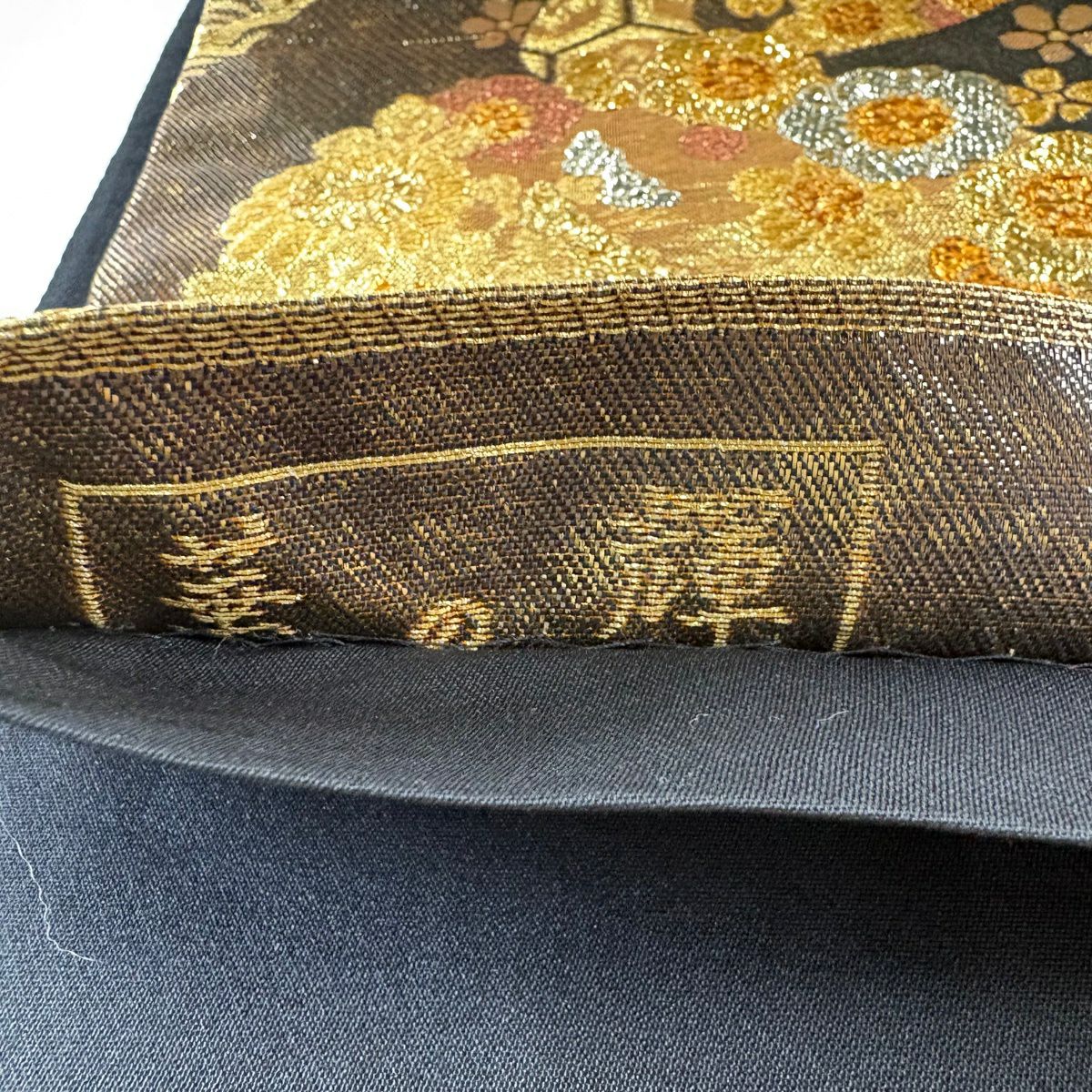 袋帶 秀品級 華之輝 花丸紋 霞 金絲 金金箔 茶 六通 純蠶絲