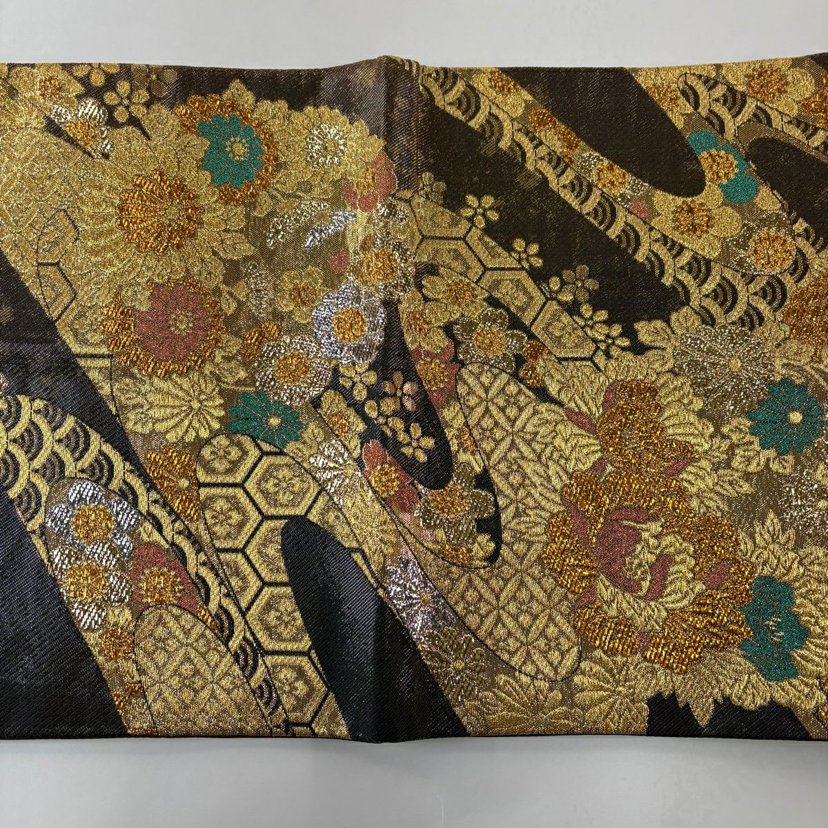 袋帶 秀品級 華之輝 花丸紋 霞 金絲 金金箔 茶 六通 純蠶絲