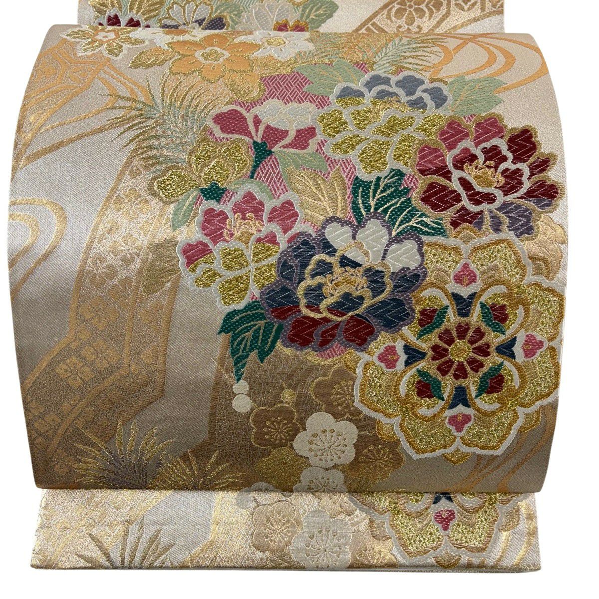 【美品】 袋帶 秀品級 華紋 牡丹 金銀彩 唐織 薄茶 六通 純蠶絲