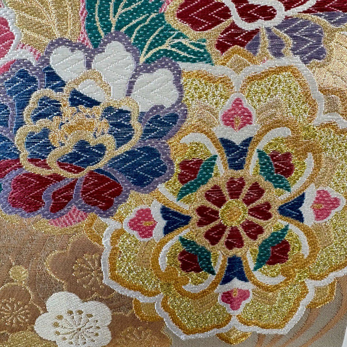 【美品】 袋帶 秀品級 華紋 牡丹 金銀彩 唐織 薄茶 六通 純蠶絲