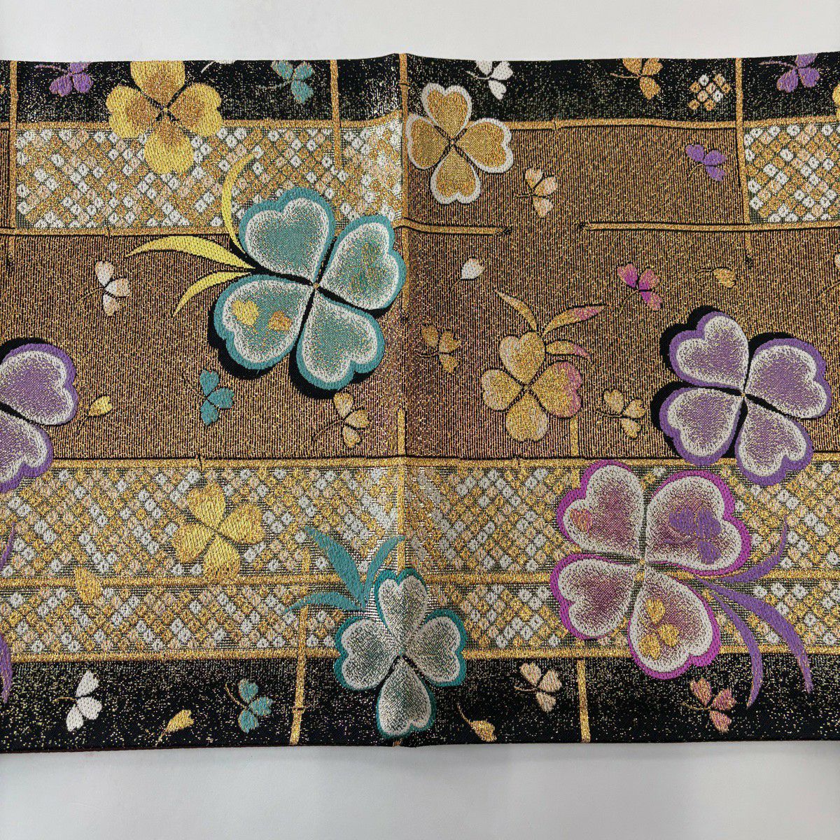 【美品】 袋帶 秀品級 四葉草 疋田 金絲 金金箔 金 六通 純蠶絲
