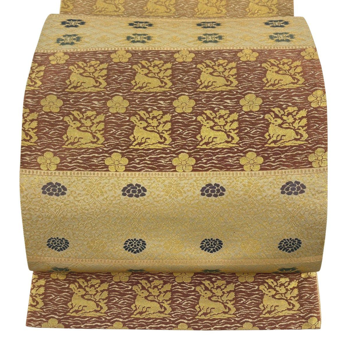【美品】 袋帶 秀品級 花兔子 段紋 金金箔 金色 全通 純蠶絲