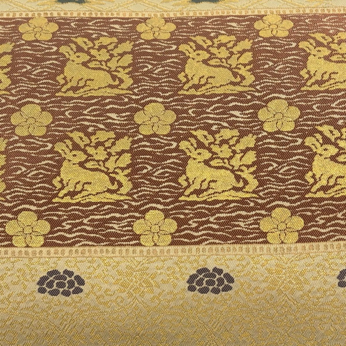 【美品】 袋帶 秀品級 花兔子 段紋 金金箔 金色 全通 純蠶絲