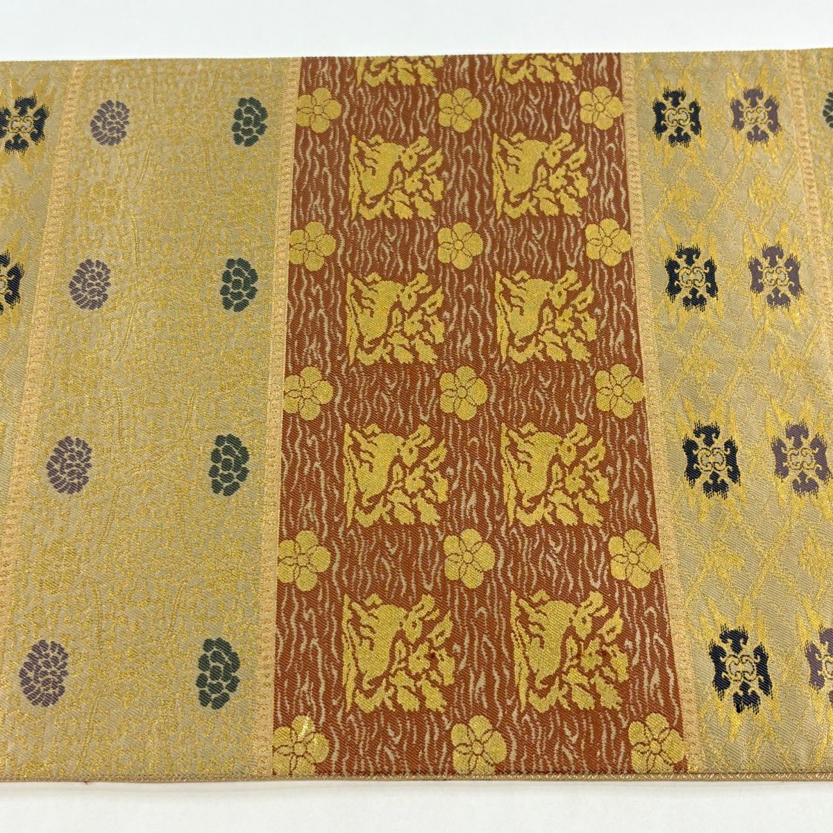 【美品】 袋帶 秀品級 花兔子 段紋 金金箔 金色 全通 純蠶絲