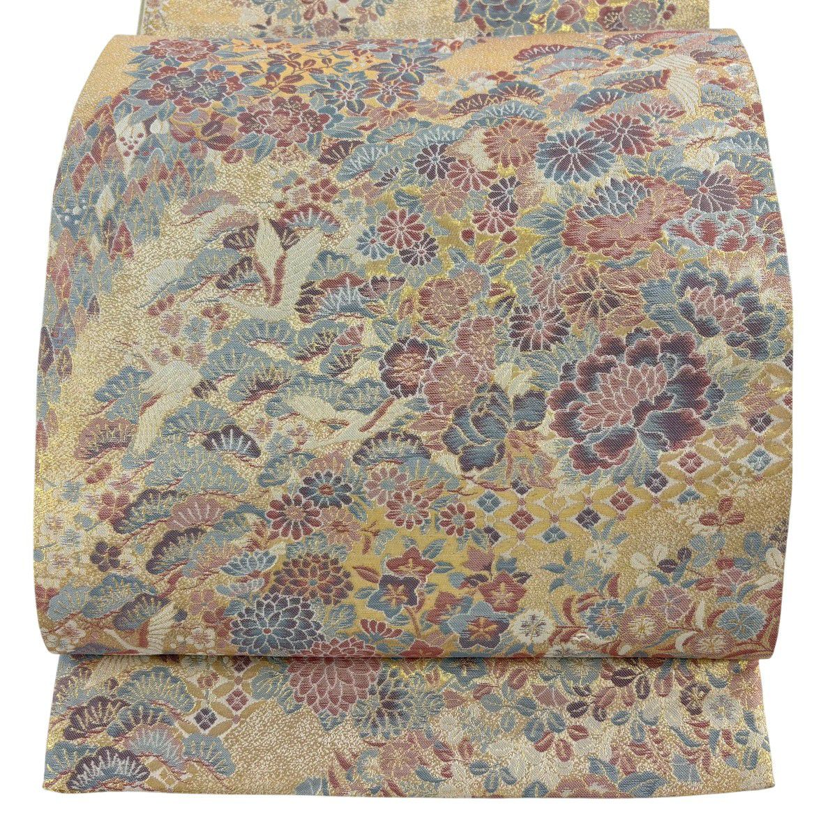 【美品】 袋帶 秀品級 加賀之美 花丸紋 花鳥 金金箔 金色 六通 純蠶絲